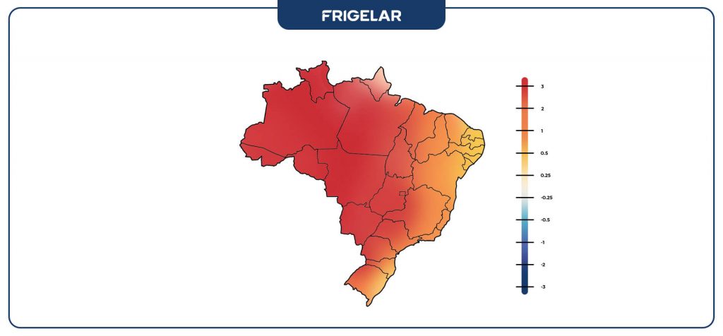 Mapa indicando a previsão de anomalia de temperatura com ondas de calor nos últimos três meses de 2024